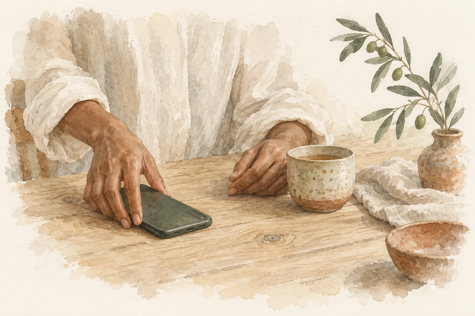 Watercolor of a hand gently setting a phone face down beside a cup of tea.