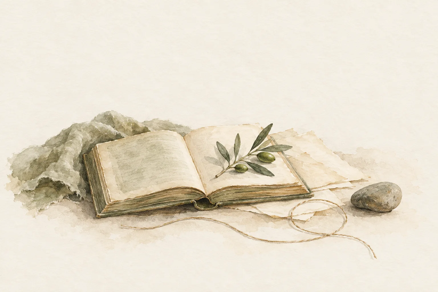 An open book, an olive sprig, a river stone and a loose loop of thread, painted in watercolor.