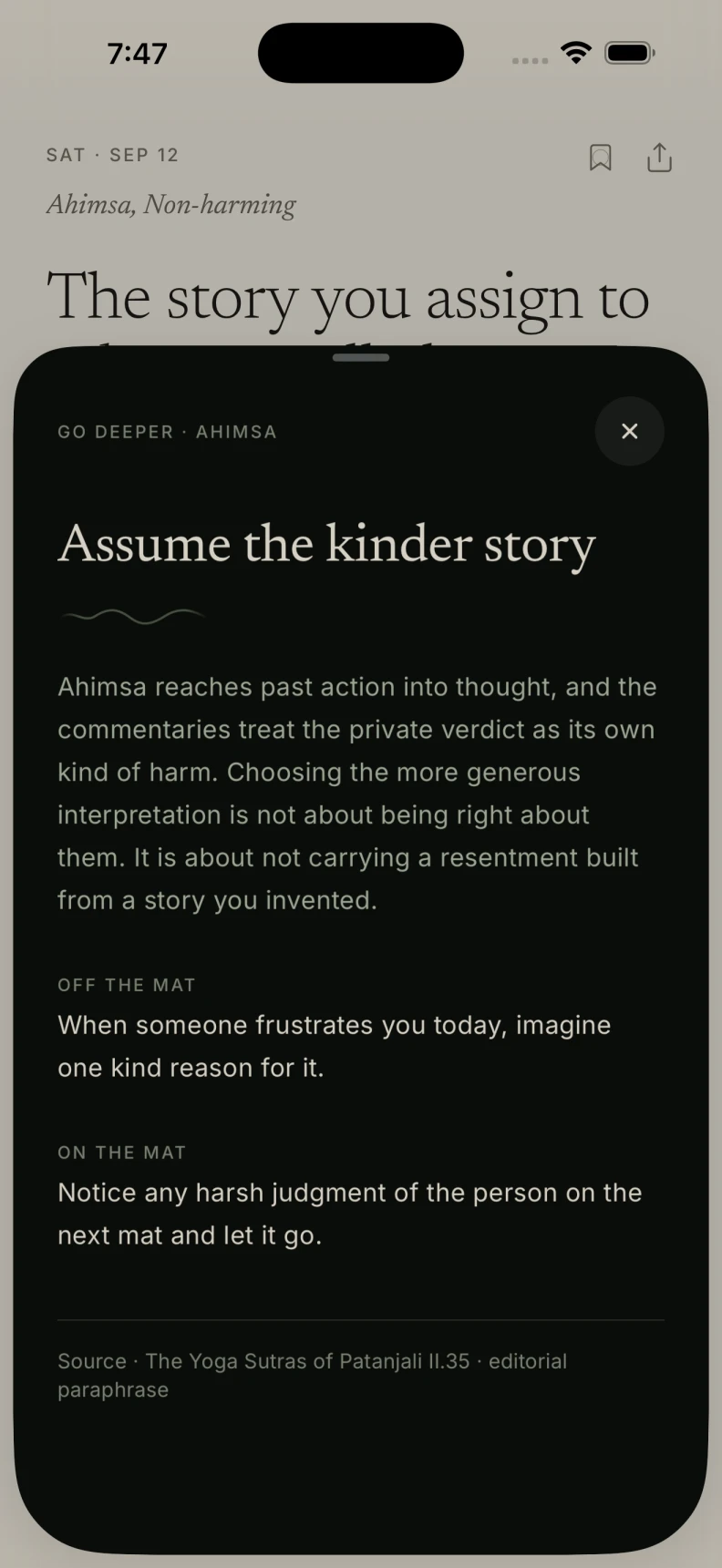 The matching Go Deeper screen, with source context and practices for everyday life.